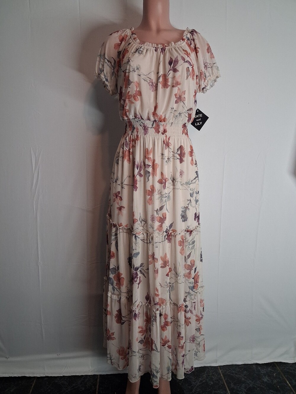 Kate and Lily Floral Maxi Dress Smocked Waist Tiered Boho Sz 10